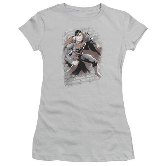Jla - Superman Bricks - Short Sleeve Junior Sheer - Silver T-shirt