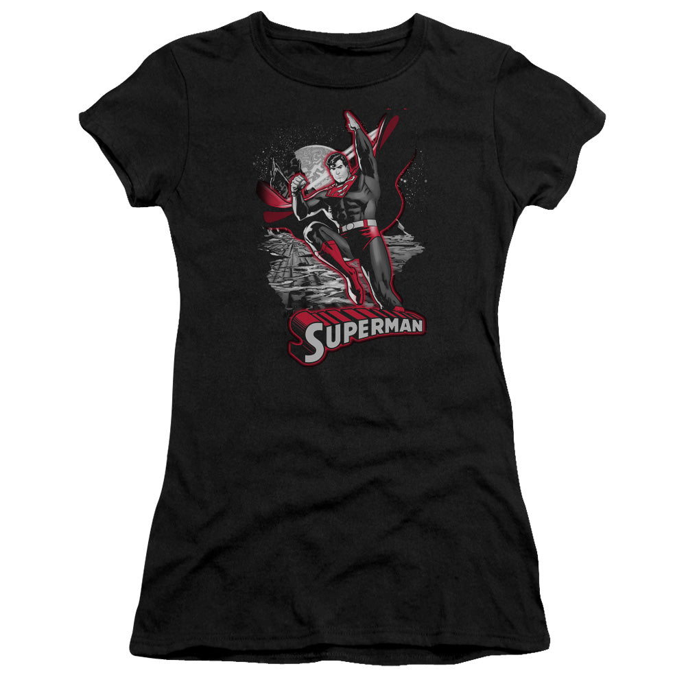 Jla - Superman Red & Gray - Short Sleeve Junior Sheer - Black T-shirt