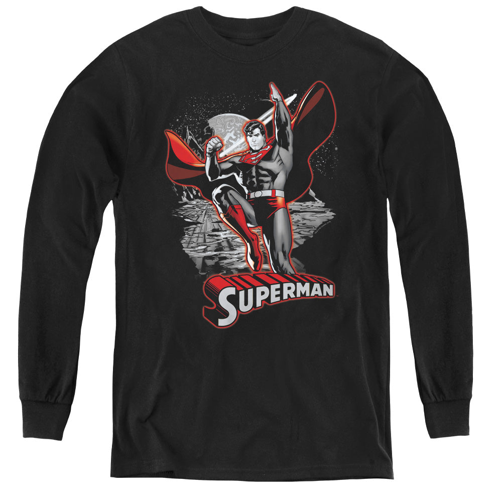 Jla - Superman Red & Gray - Youth Long Sleeve Tee - Black