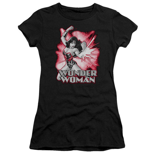 Jla - Wonder Woman Red & Gray - Short Sleeve Junior Sheer - Black T-shirt