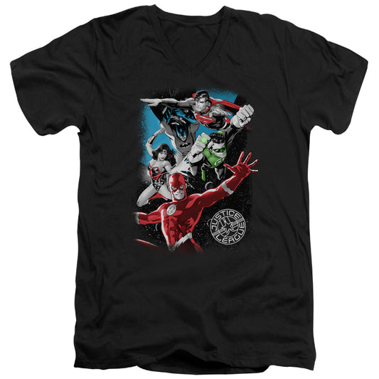 Jla - Galactic Attack - Short Sleeve Adult V-neck - Black T-shirt