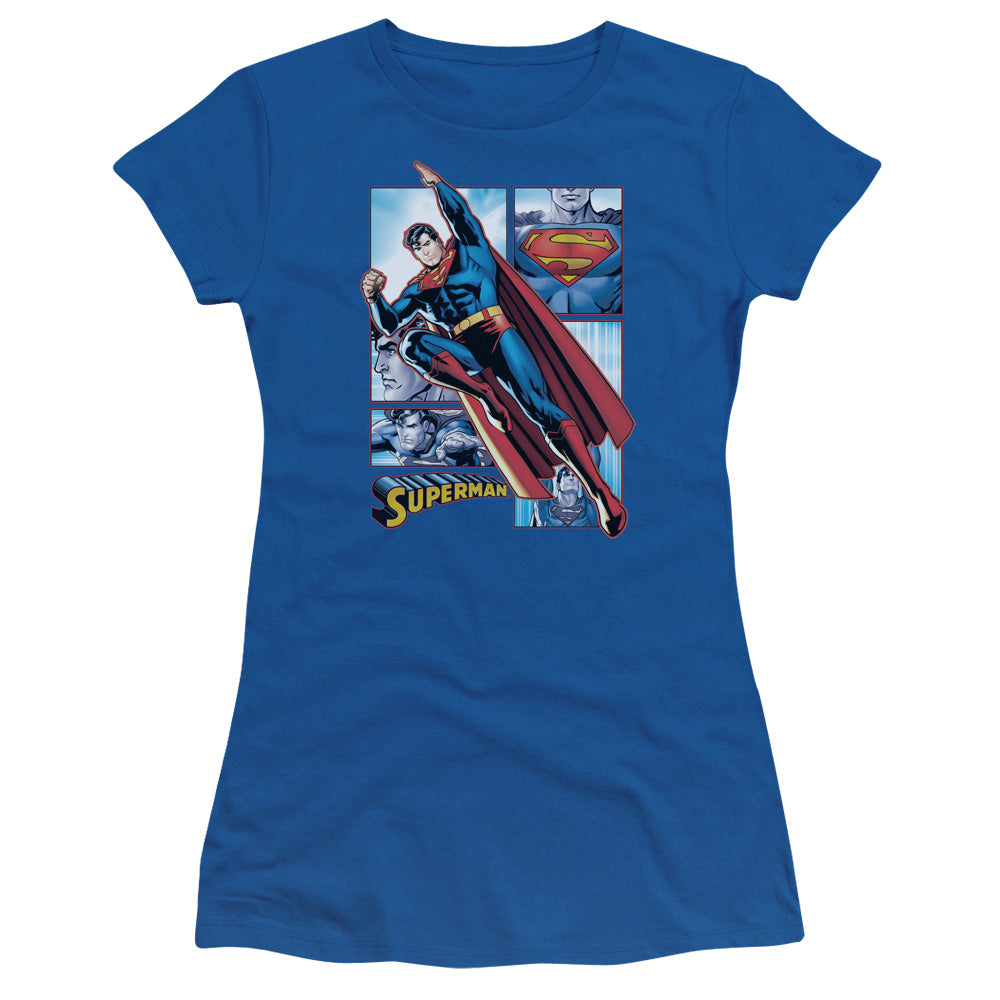 Jla - Superman Panels - Short Sleeve Junior Sheer - Royal Blue T-shirt