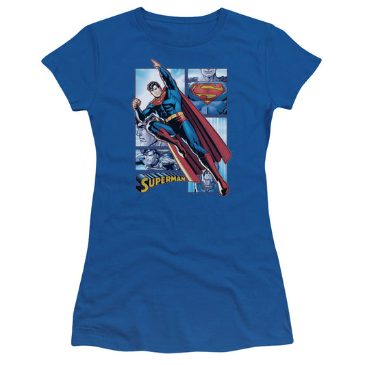 Jla - Superman Panels - Short Sleeve Junior Sheer - Royal Blue T-shirt