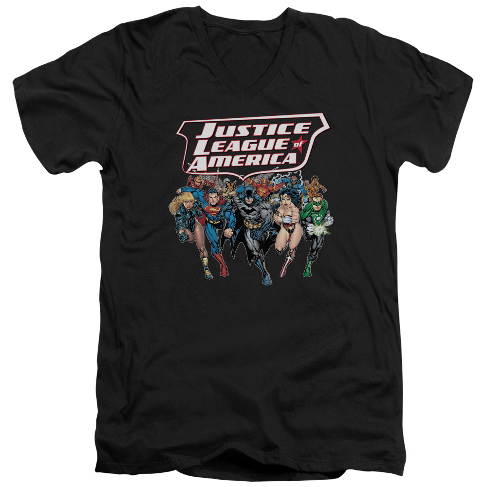 Jla - Charging Justice - Short Sleeve Adult V-neck - Black T-shirt