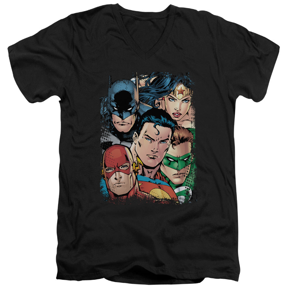 Jla - Up Close And Personal - Short Sleeve Adult V-neck - Black T-shirt