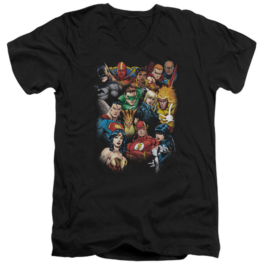 Jla - The Leagues All Here - Short Sleeve Adult V-neck - Black T-shirt