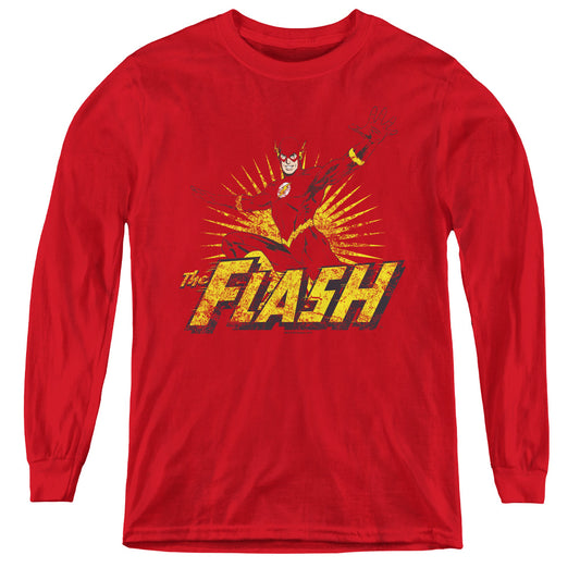 Jla - Flash Rough Distress - Youth Long Sleeve Tee - Red