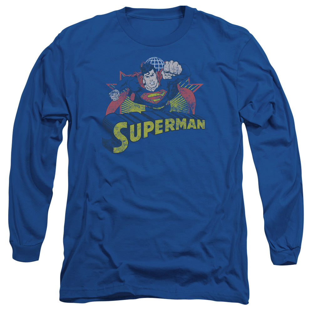 Jla - Superman Rough Distress - Long Sleeve Adult 18/1 - Royal Blue T-shirt