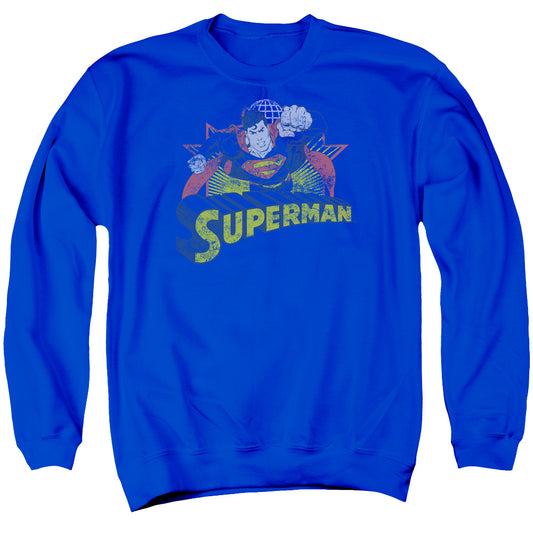 Jla Superman Rough Distress - Adult Crewneck Sweatshirt - Royal Blue