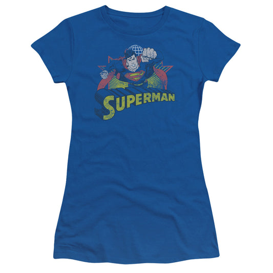 Jla - Superman Rough Distress - Short Sleeve Junior Sheer - Royal Blue T-shirt