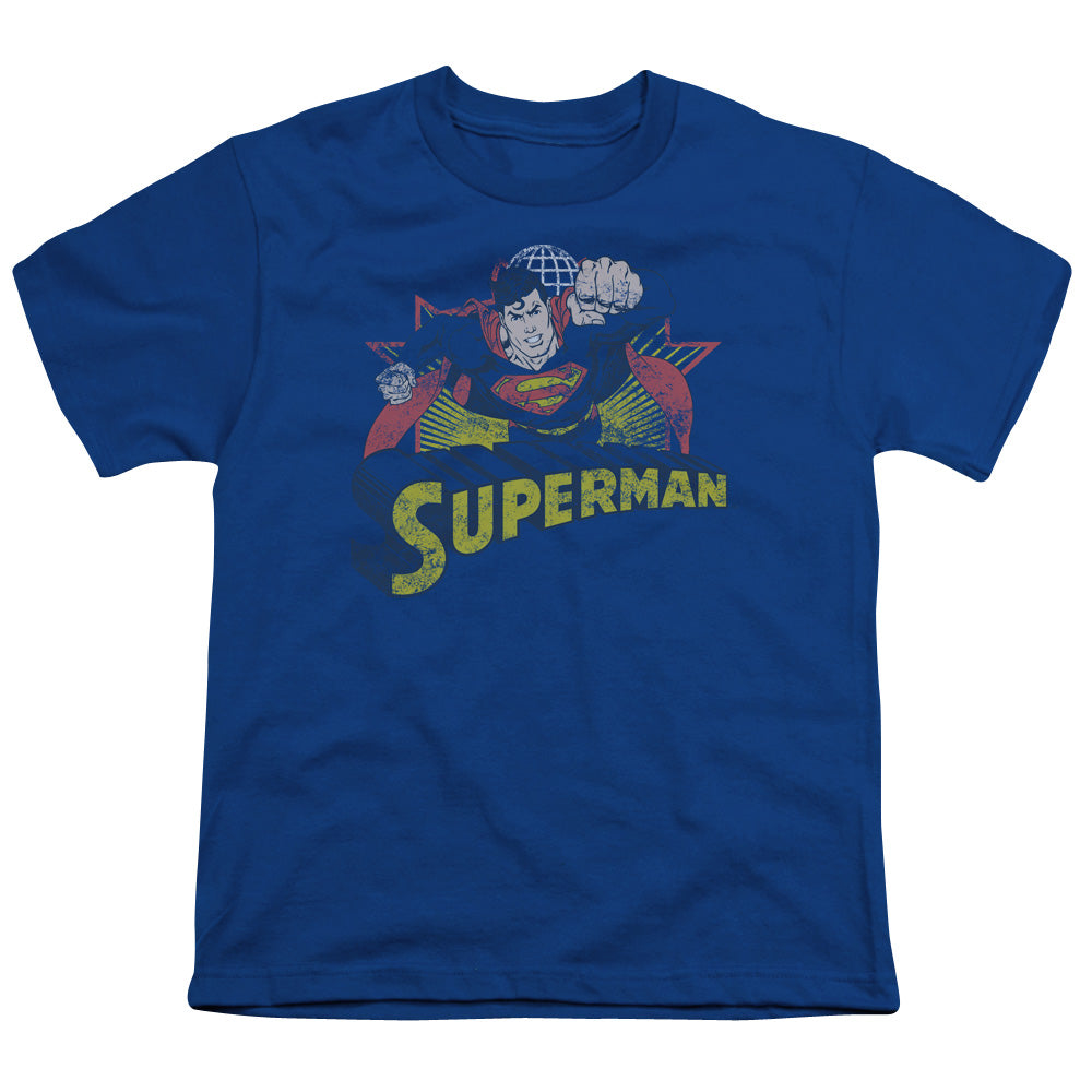 Jla - Superman Rough Distress - Short Sleeve Youth 18/1 - Royal Blue T-shirt