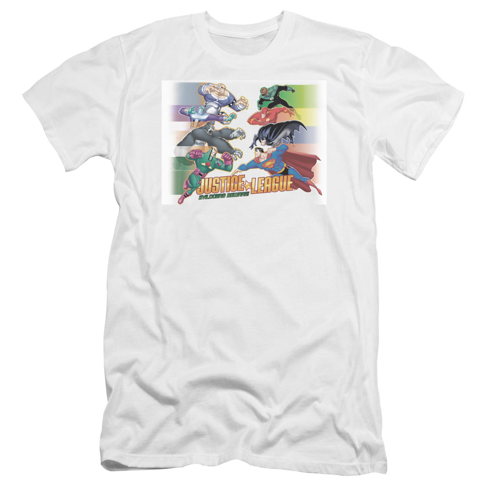 Jla - Evildoers Beware-premuim Canvas Adult Slim Fit 30/1 - White