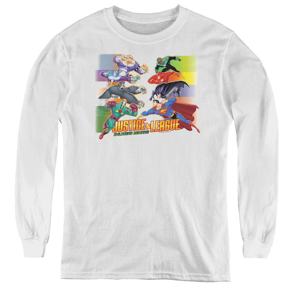 Jla - Evildoers Beware - Youth Long Sleeve Tee - White