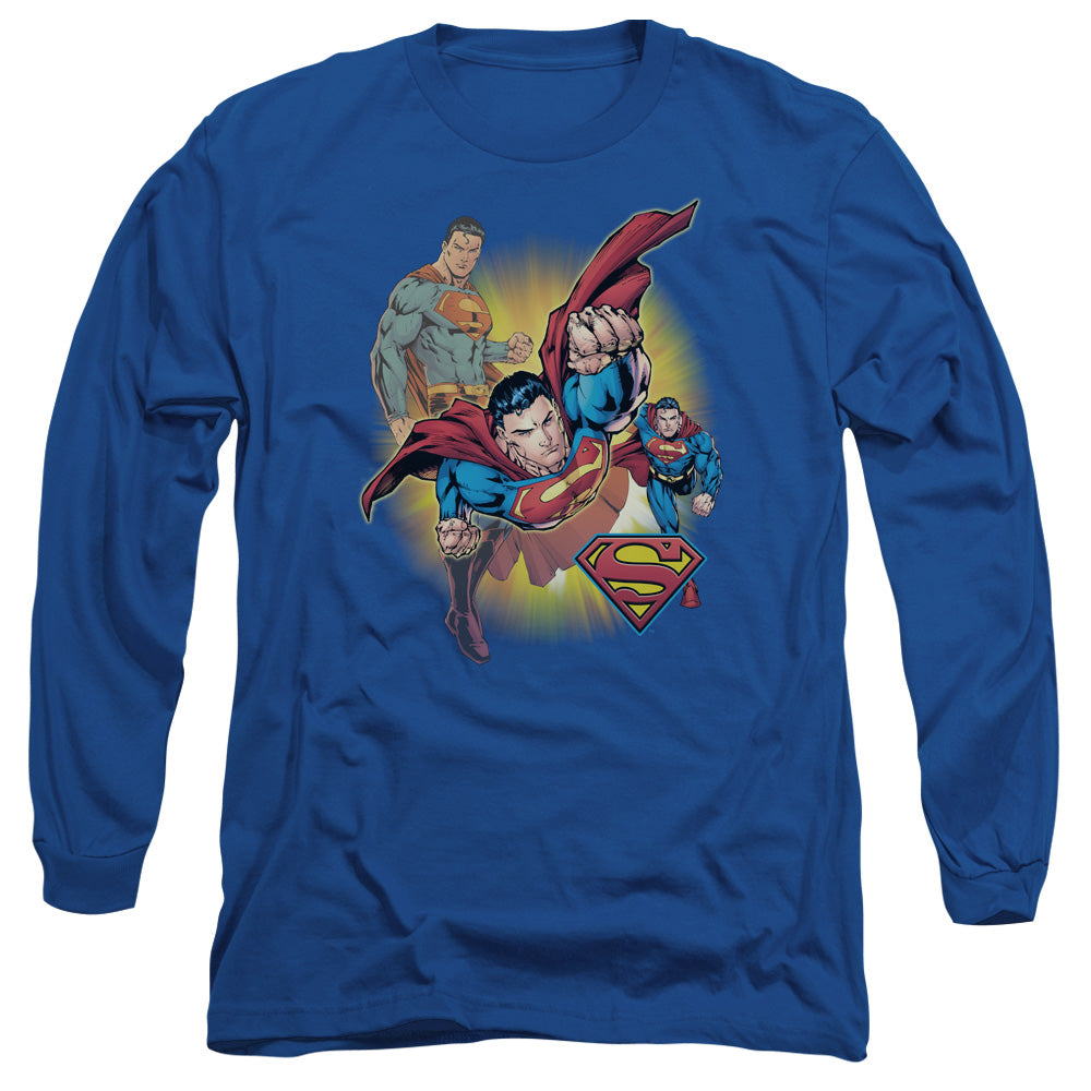 Jla - Superman Collage - Long Sleeve Adult 18/1 - Royal Blue T-shirt