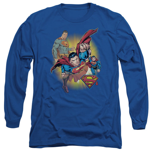 Jla - Superman Collage - Long Sleeve Adult 18/1 - Royal Blue T-shirt