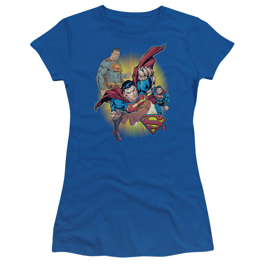 Jla - Superman Collage - Short Sleeve Junior Sheer - Royal Blue T-shirt