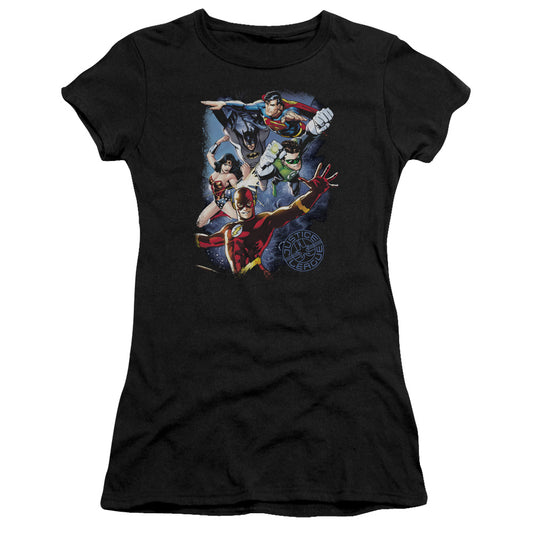Jla - Galactic Attack Color - Short Sleeve Junior Sheer - Black T-shirt