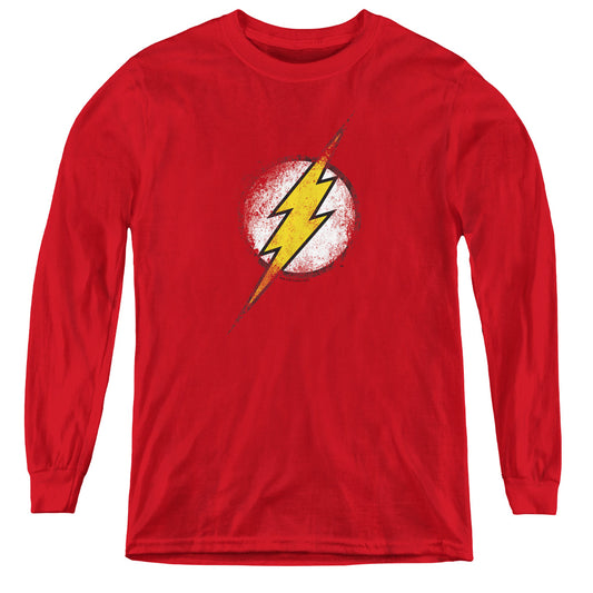 Jla - Destroyed Flash Logo - Youth Long Sleeve Tee - Red