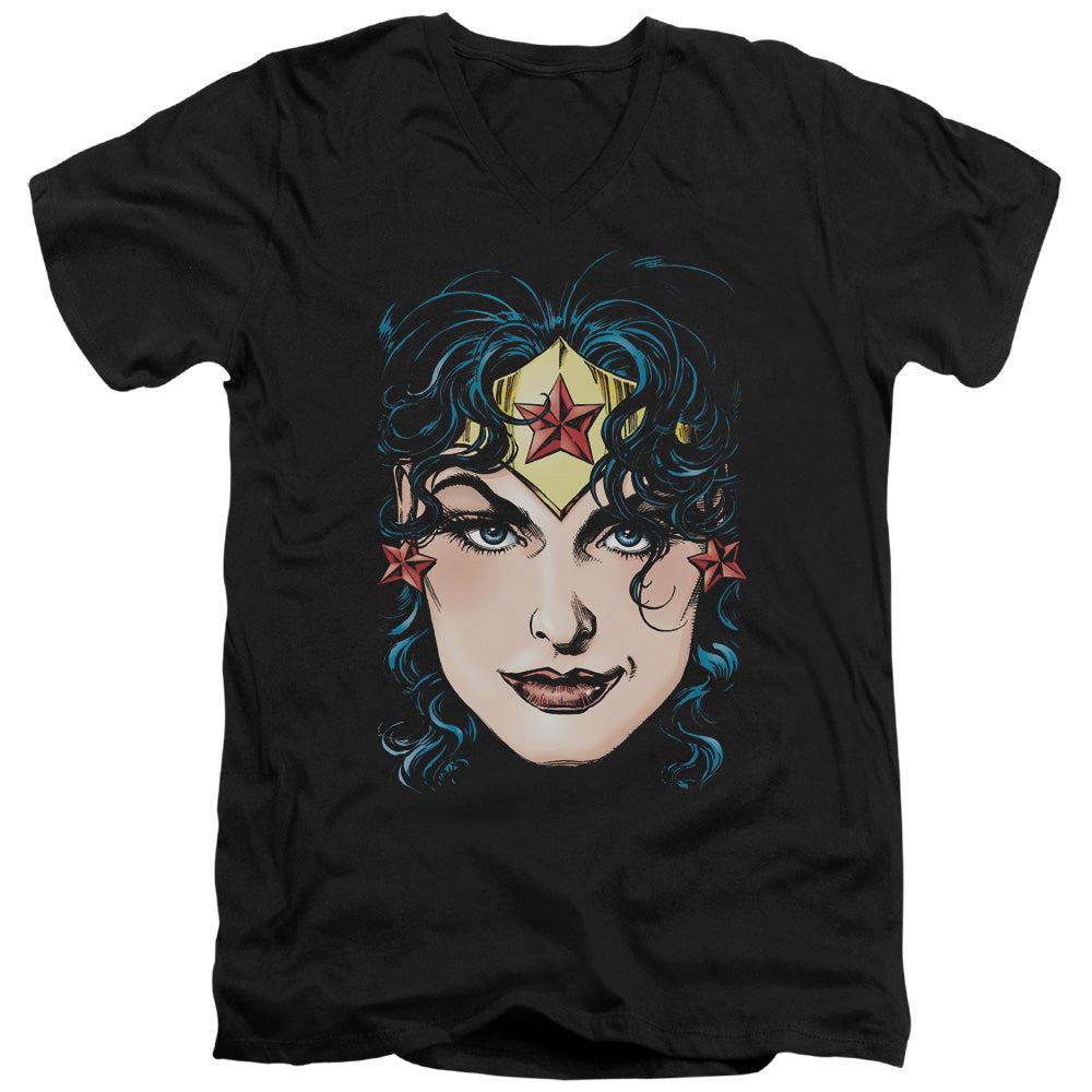 Dco Jla - Wonder Woman Head - Short Sleeve Adult V-neck 30/1 - Black T-shirt