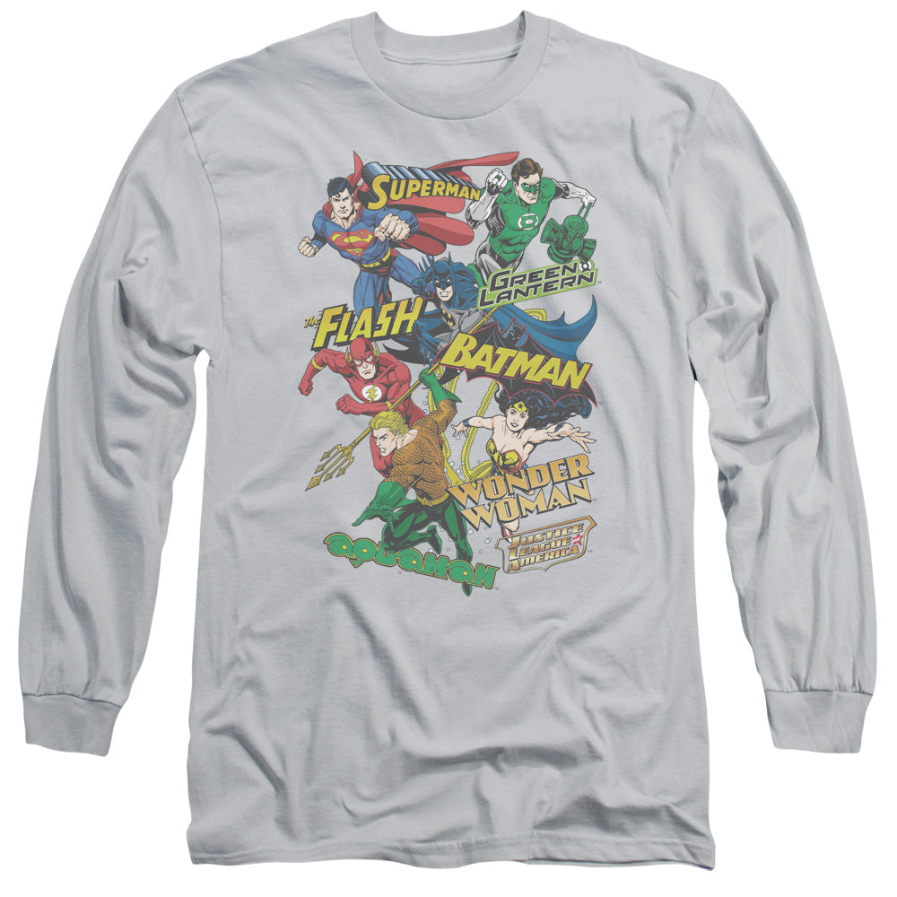 Jla - Justice Collage - Long Sleeve Adult 18/1 - Silver T-shirt