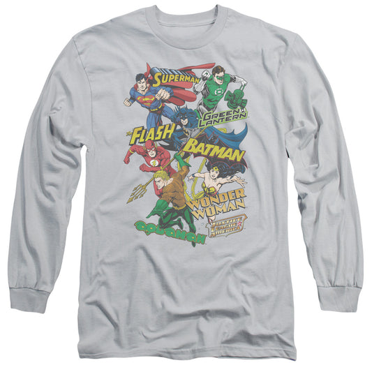 Jla - Justice Collage - Long Sleeve Adult 18/1 - Silver T-shirt