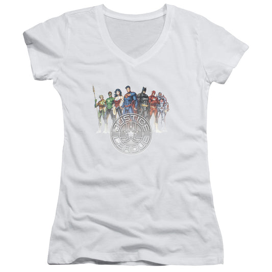 Jla - Circle Crest - Junior V-neck - White