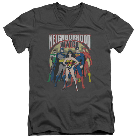 Jla - Neighborhood Watch - Short Sleeve Adult V-neck - Charcoal T-shirt