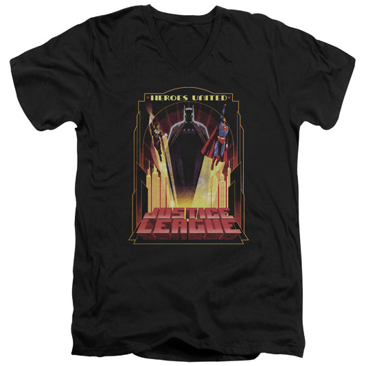 Jla - Heroes United - Short Sleeve Adult V-neck - Black T-shirt