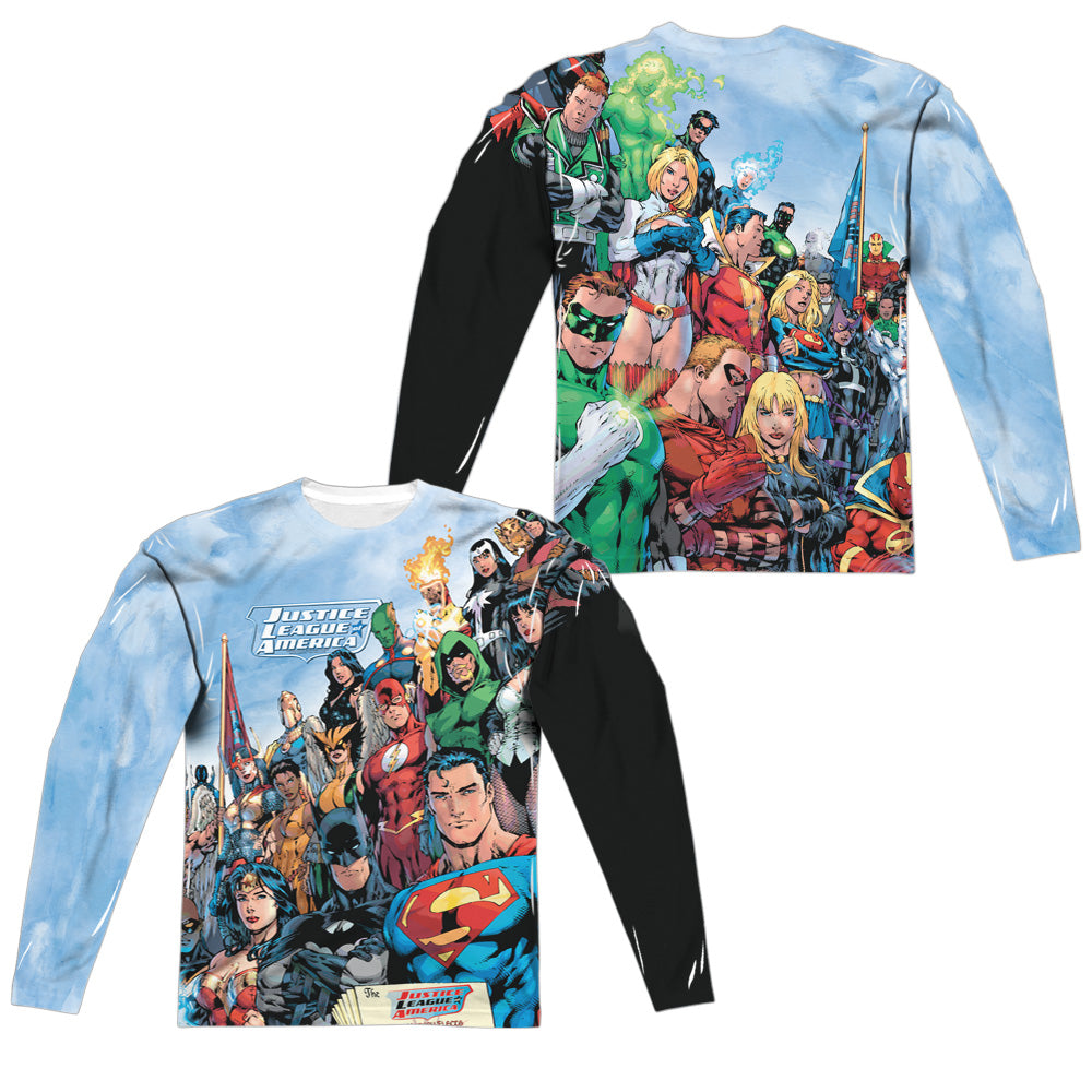 Jla - Justice League Of America (Front/back Print) - Long Sleeve Adult Poly Crew  - White T-shirt