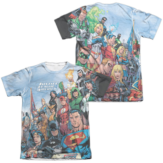Jla - Justice League Of America (Front/back Print) - Adult 65/35 Poly/cotton Short Sleeve Tee - White T-shirt