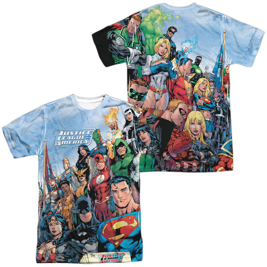 Jla - Justice League Of America (Front/back Print) -  Short Sleeve Adult 100% Poly Crew - White T-shirt