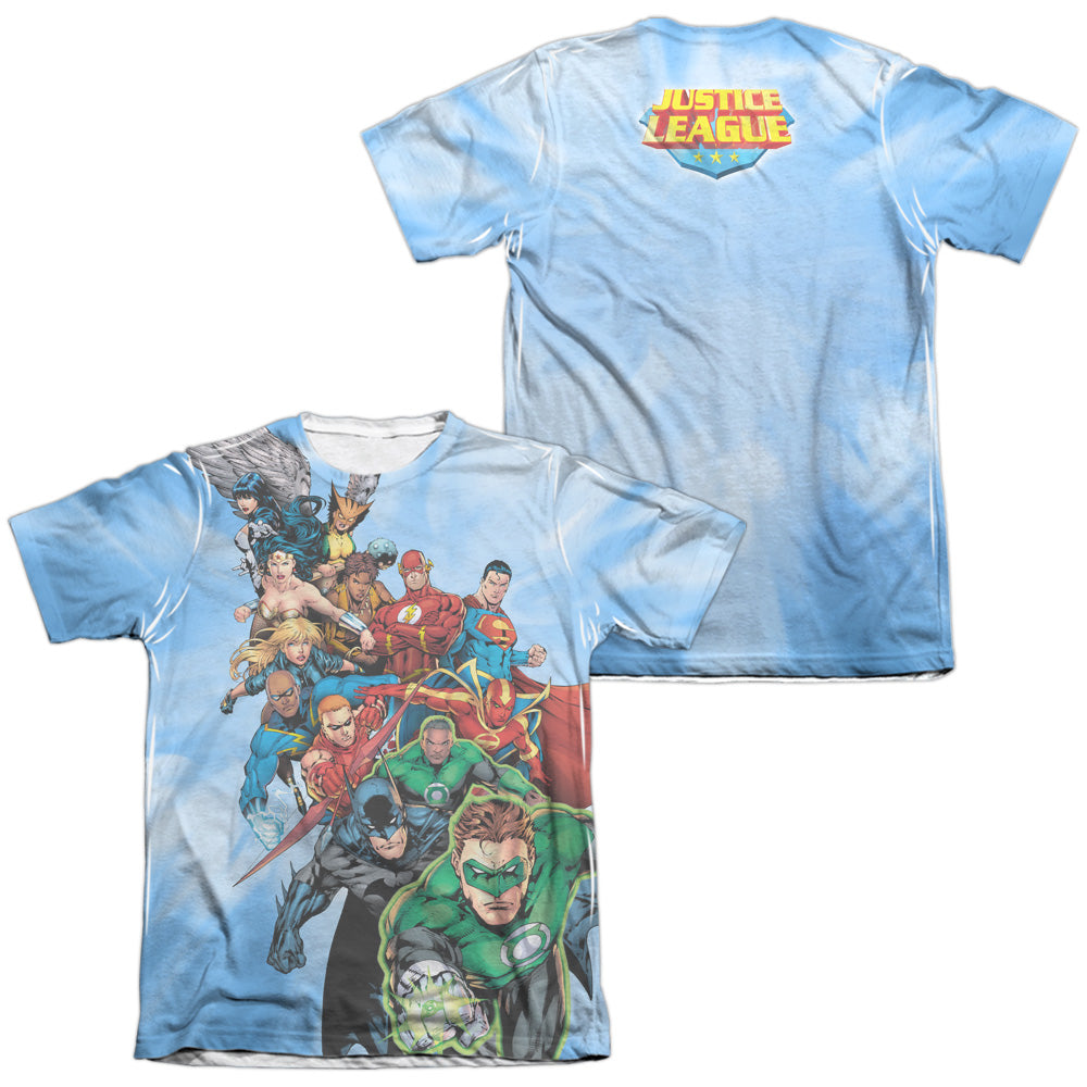 Jla - Heroes Unite (Front/back Print) - Adult 65/35 Poly/cotton Short Sleeve Tee - White T-shirt