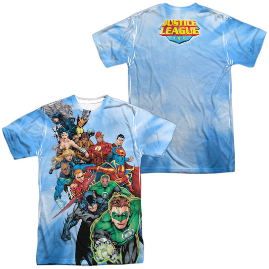 Jla - Heroes Unite (Front/back Print) -  Short Sleeve Adult 100% Poly Crew - White T-shirt