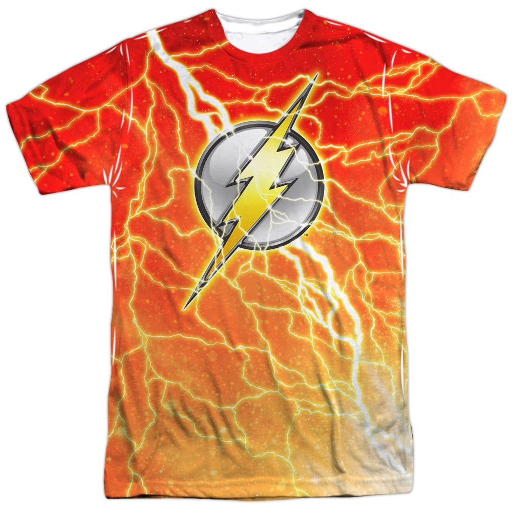 Jla - Lightning Logo -  Short Sleeve Adult 100% Poly Crew - White T-shirt