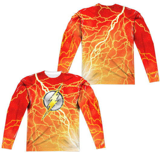Jla - Lightning Logo (Front/back Print) - Long Sleeve Adult Poly Crew  - White T-shirt