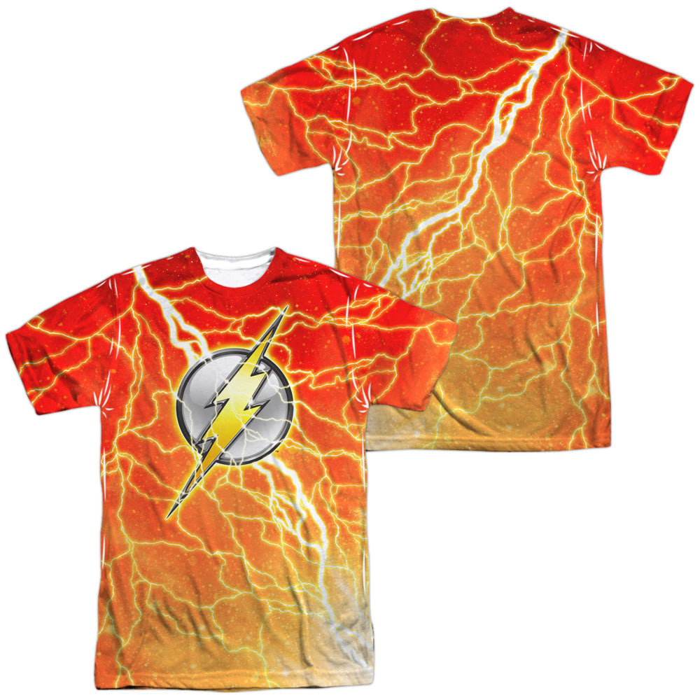 Jla - Lightning Logo (Front/back Print) -  Short Sleeve Adult 100% Poly Crew - White T-shirt