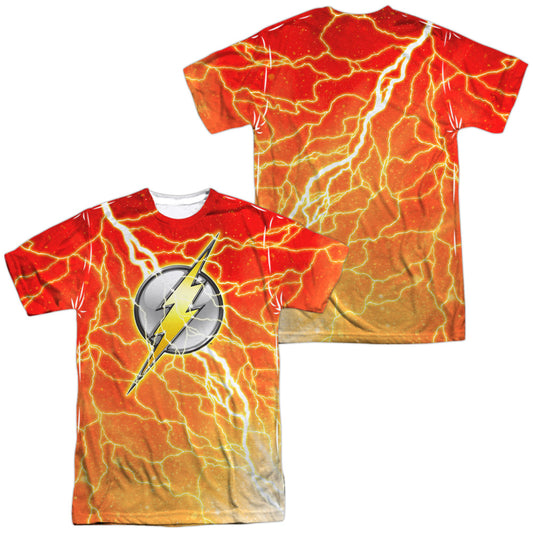 Jla - Lightning Logo (Front/back Print) -  Short Sleeve Adult 100% Poly Crew - White T-shirt