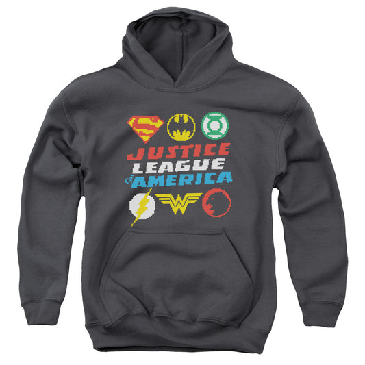 Jla - Pixel Logos - Youth Pull-over Hoodie - Charcoal