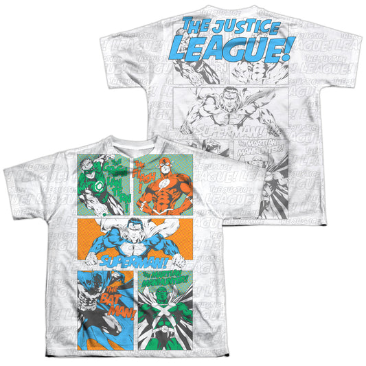 Jla - Justice Panels (Front/back Print) - Short Sleeve Youth Poly Crew - White T-shirt