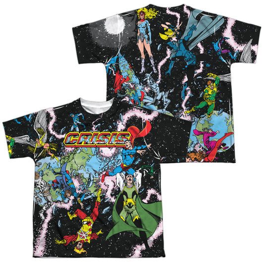 Jla - Crisis Variant (Front/back Print) - Short Sleeve Youth Poly Crew - White T-shirt