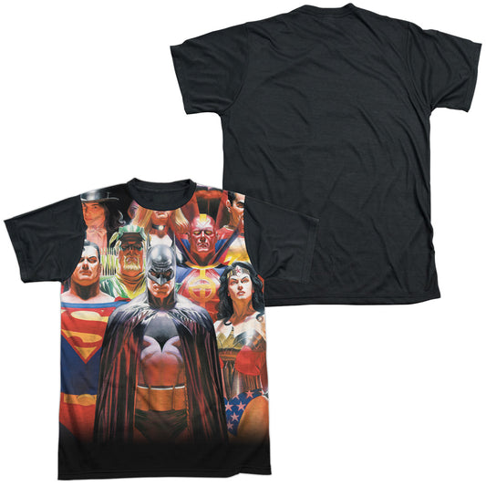JLA WALL OF HEROES-S/S ADULT WHITE FRONT BLACK BACK T-Shirt