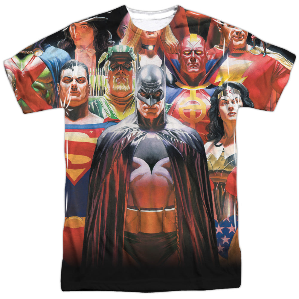 Jla - Wall Of Heroes - Short Sleeve Adult Poly Crew - White T-shirt