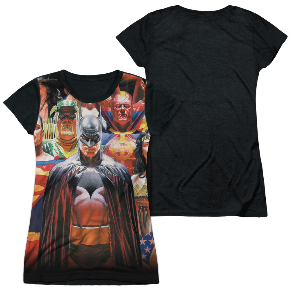 Jla - Wall Of Heroes - Short Sleeve Junior Poly Black Back - White T-shirt
