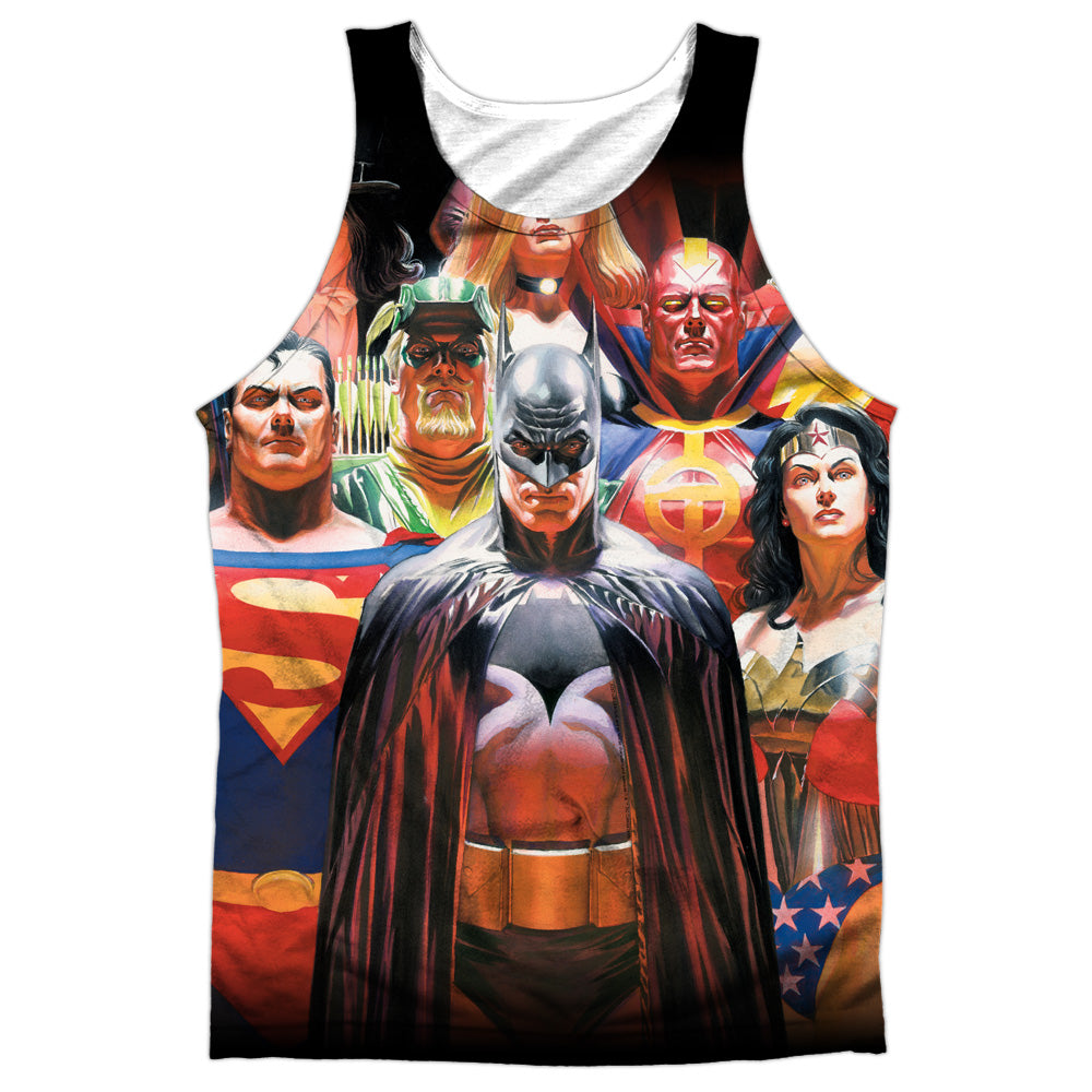 Jla - Wall Of Heroes - Adult 100% Poly Tank Top - White