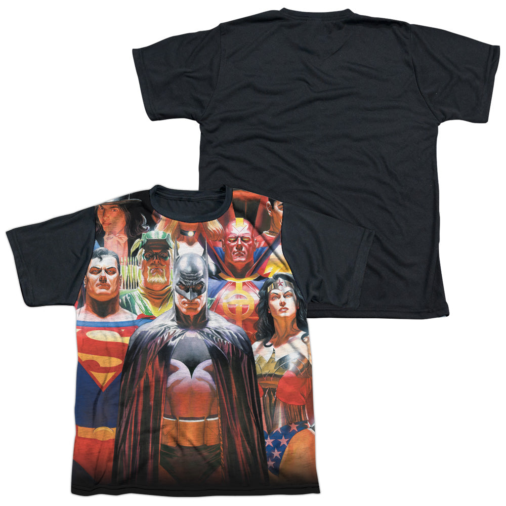 Jla - Wall Of Heroes - Short Sleeve Youth White Front Black Back   - White T-shirt
