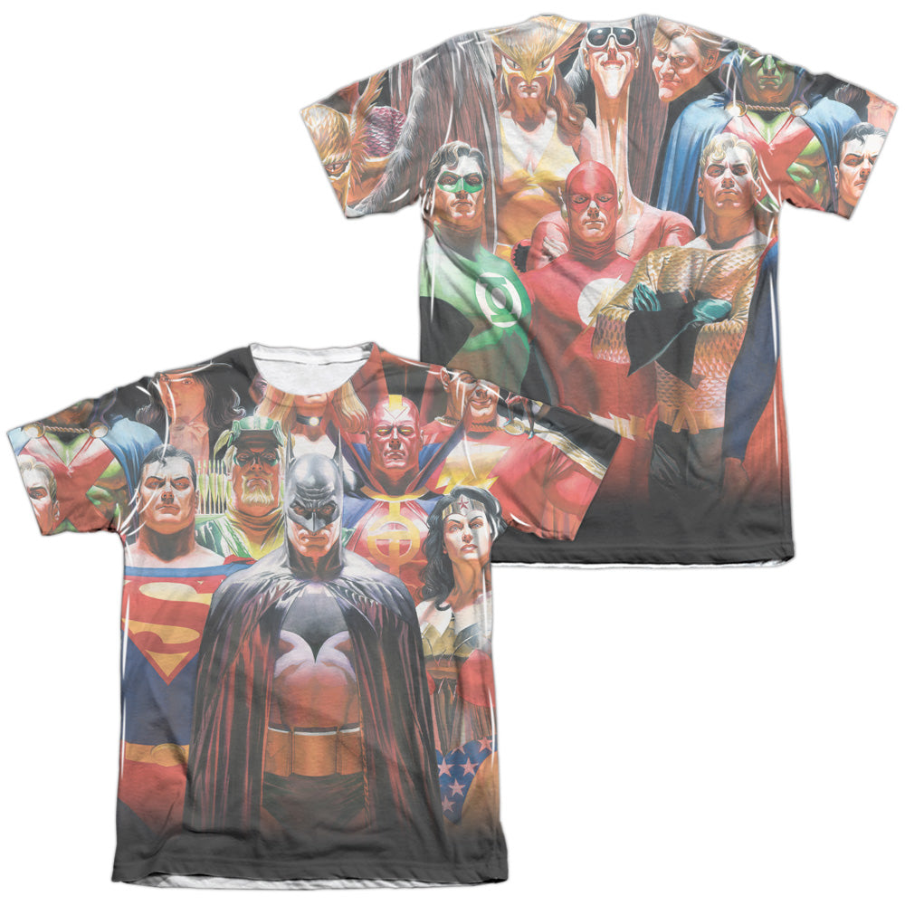 Jla - Wall Of Heroes (Front/back Print) - Adult Poly/cotton Short Sleeve Tee - White T-shirt