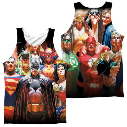Jla - Wall Of Heroes (Front/back Print) - Adult 100% Poly Tank Top - White