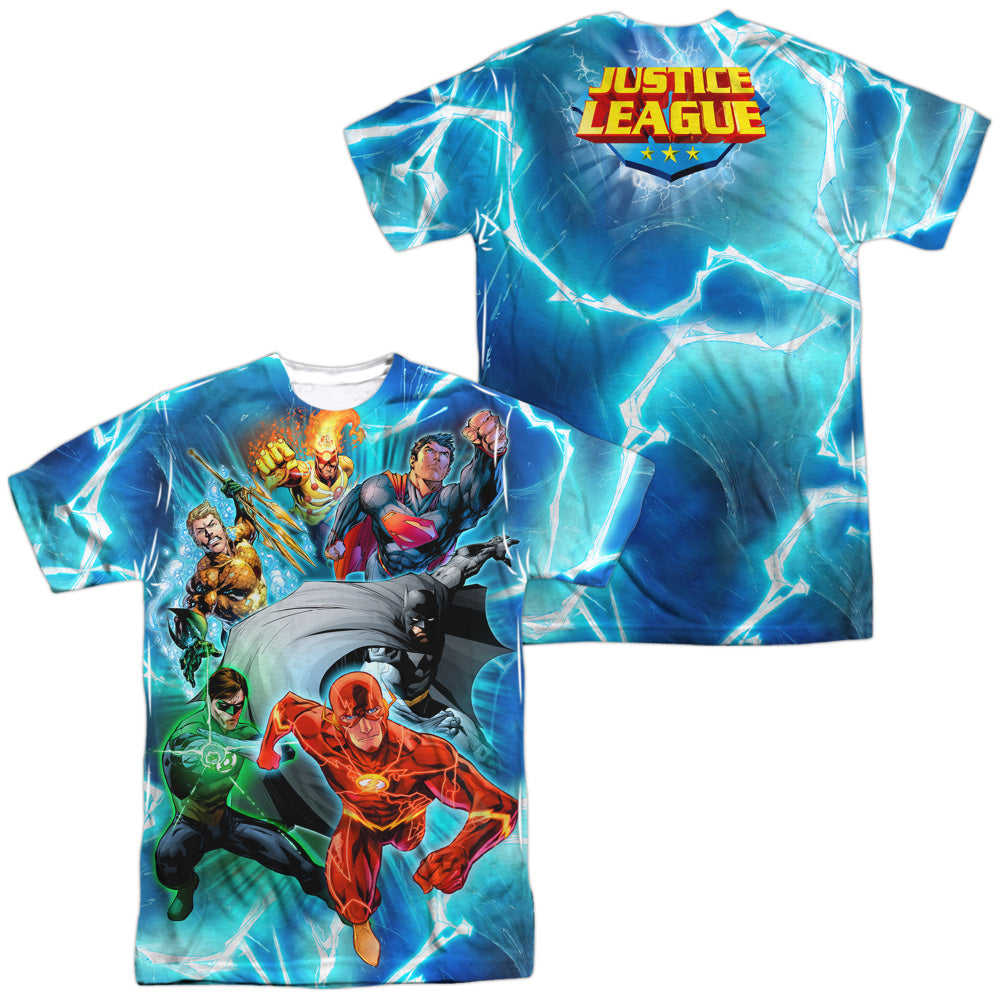 Jla - Lightning Team (Front/back Print) - Short Sleeve Adult Poly Crew - White T-shirt