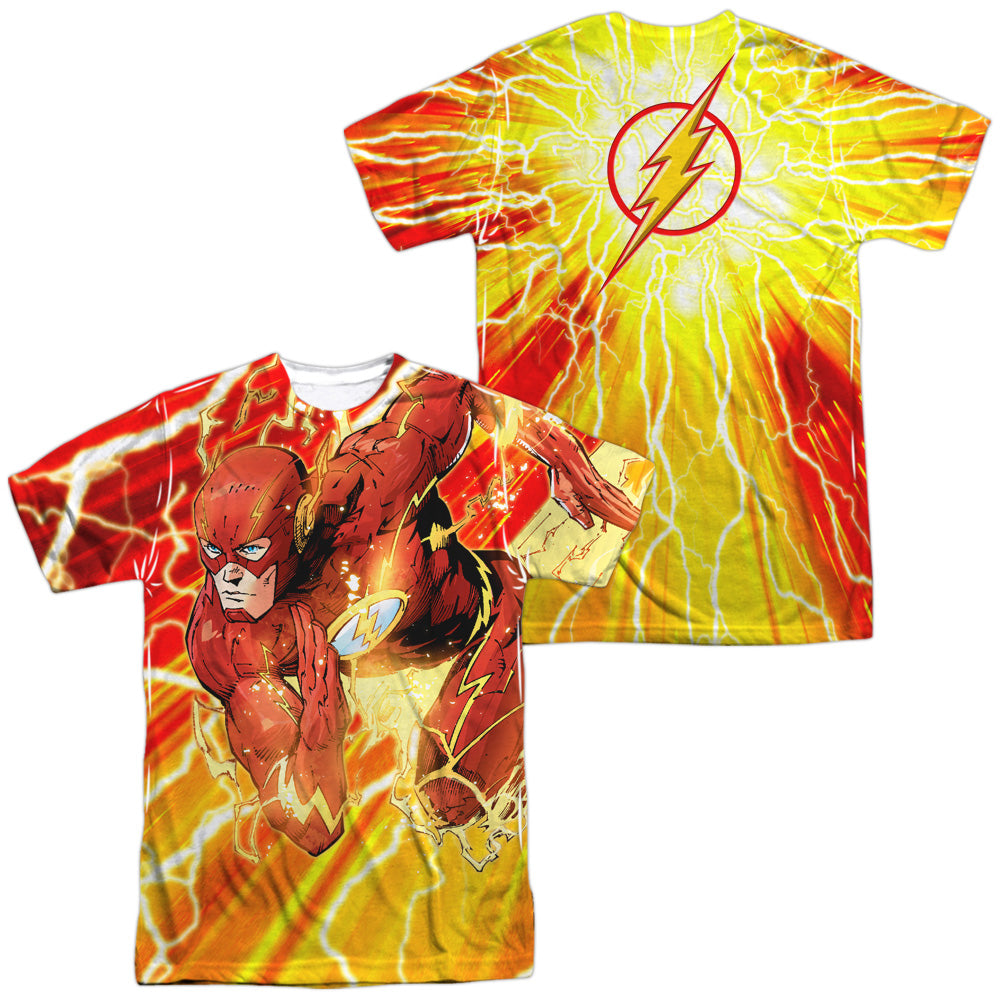 Jla - Lightning Dash (Front/back Print) - Short Sleeve Adult Poly Crew - White T-shirt