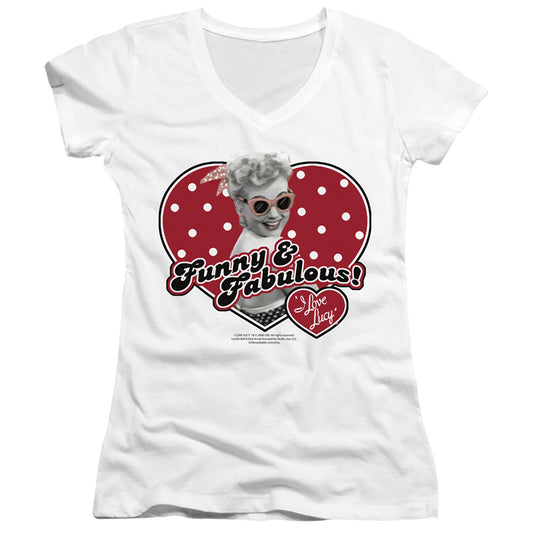 I Love Lucy - Funny And Fabulous/womens White Short Sleeve Tee/xl - Junior V-neck - White T-shirt